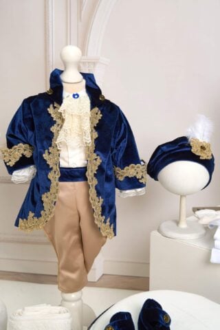 Costum De Botez Catifea Cu Redingota Fabrizio Albastru