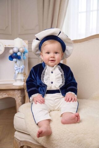 Costum De Botez Catifea Micul Print Bleumarin