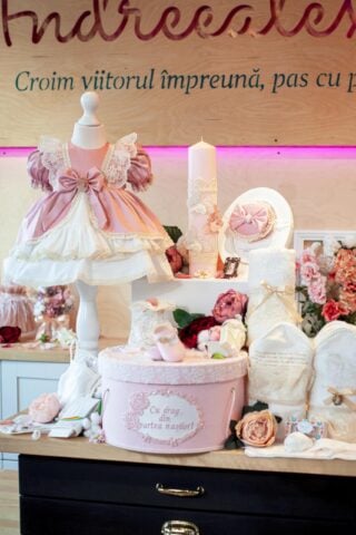 Set complet botez (trusou) - Emily - roz-vintage - mânecă scurtă