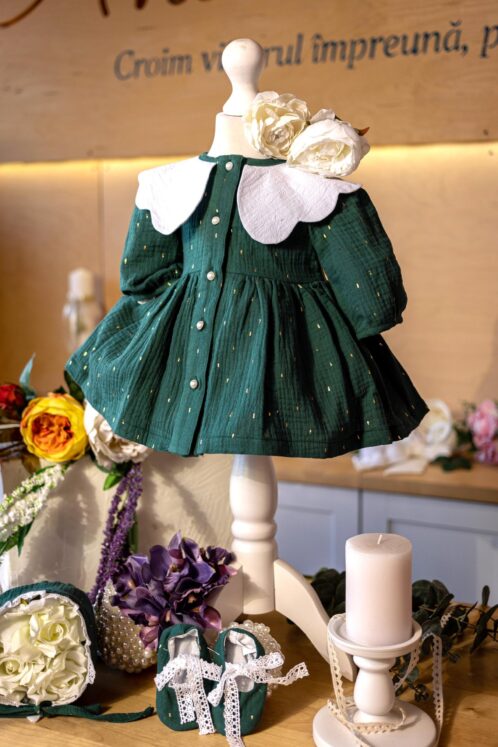 Rochie cu guler Petale alb - verde - imagine 2