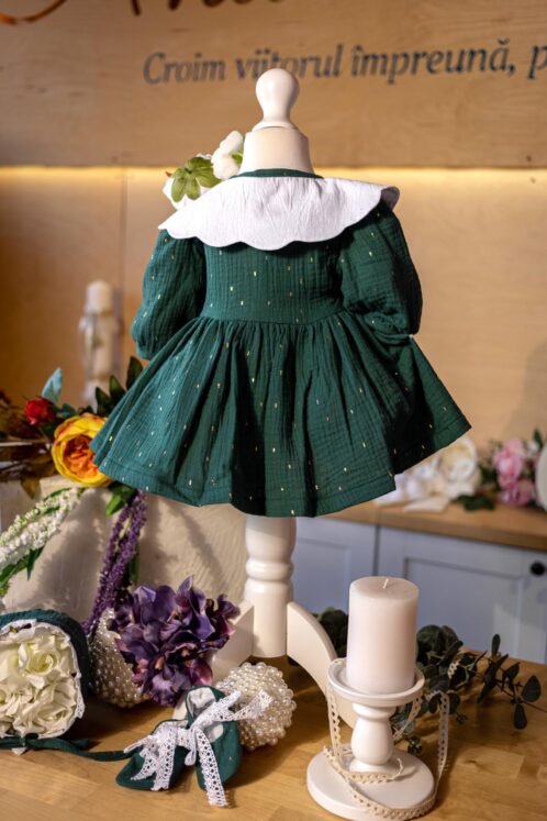 Rochie cu guler Petale alb - verde - imagine 8