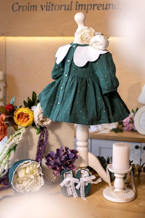 Rochie cu guler Petale alb - verde - imagine 6