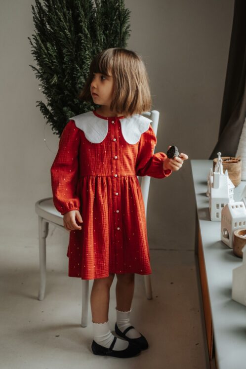 Rochie cu guler Petale alb - cărămiziu - imagine 3