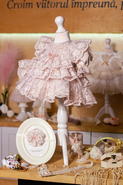 Rochiță Claire - roz - volane vintage - mânecă 3/4 - imagine 2