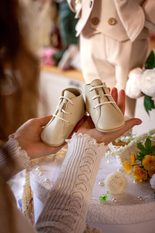 Pantof botez piele naturală - crem - imagine 2