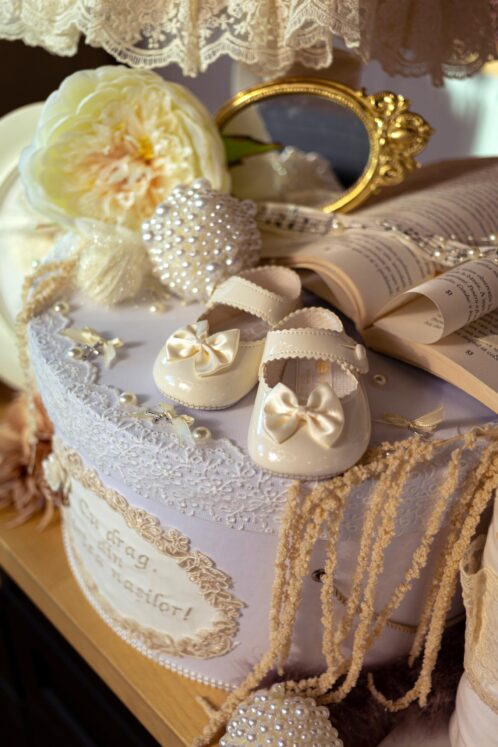 Set complet botez (trusou) - Claire și Capă floare - bej - imagine 3