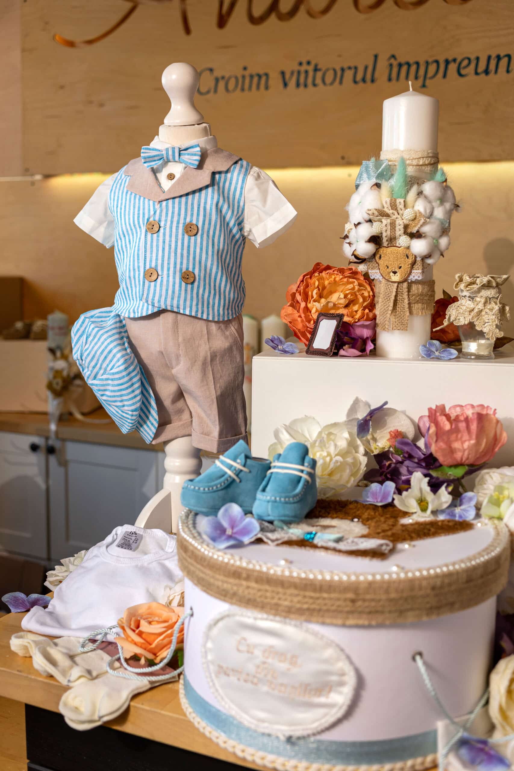 Set complet botez (trusou) - Hugo - vestă dungi cu pantaloni bej 2 Set complet botez (trusou) - Hugo - vestă dungi cu pantaloni bej - imagine 2