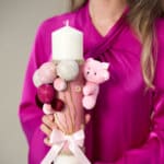 Lumânare botez A21 - Ursuleț cu baloane pe Catifea - Roz