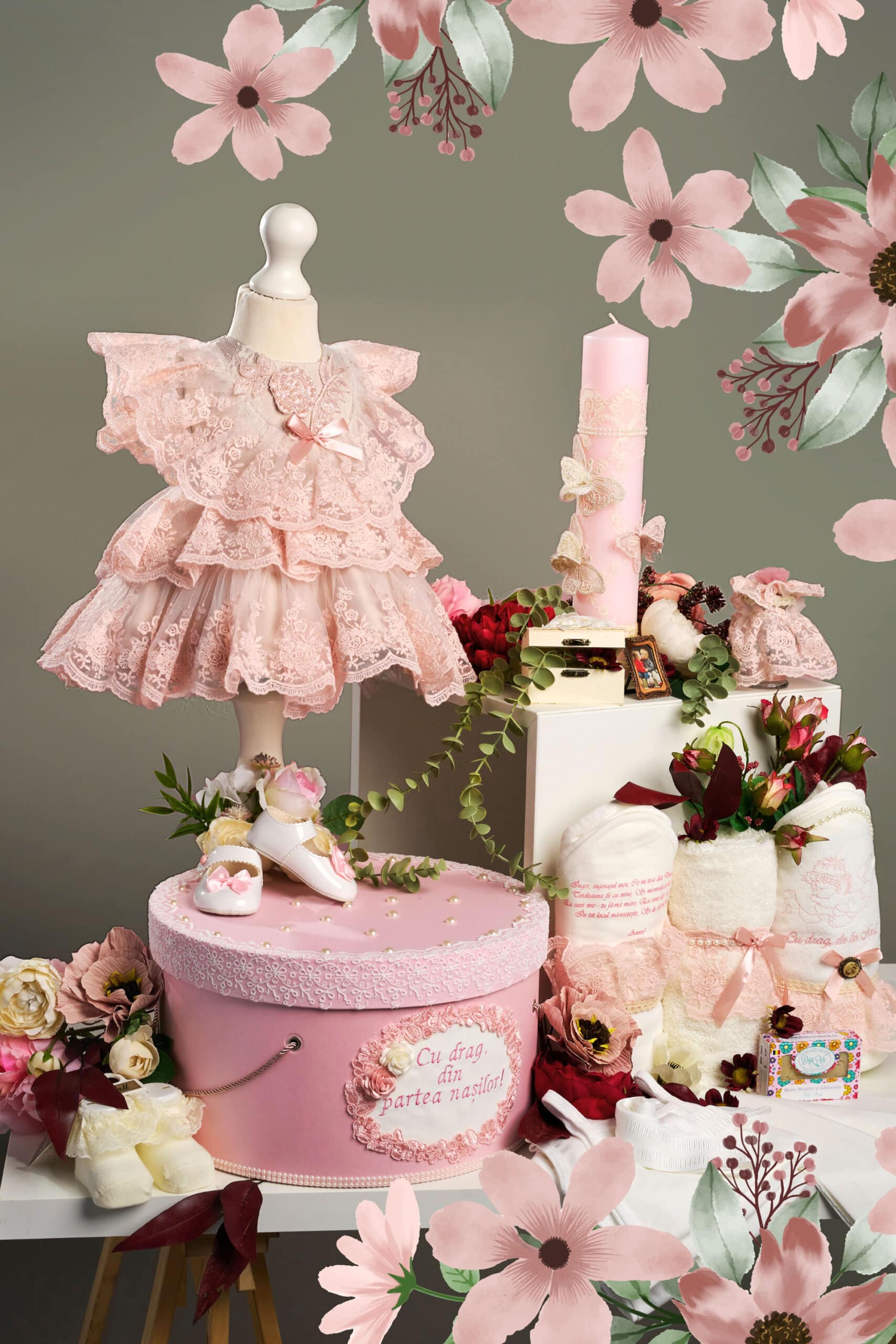 Set complet botez (trusou) - Claire - roz - mânecă scurtă 1 Set complet botez (trusou) - Claire - roz - mânecă scurtă