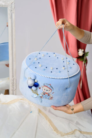 Cufăr capitonat Ursuleț cu baloane - bleu - Dimensiune XXL, Model Deluxe Capitonat