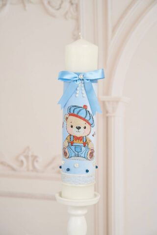 Lumânare botez A24 - Ursuleț Broderie - Bleu