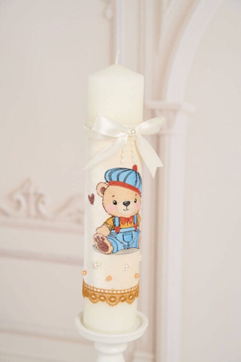 Lumânare botez A24 - Ursuleț Broderie - Ivoire - imagine 2