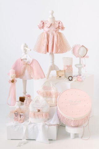Set complet botez (trusou) - Audrey - roz (mânecă scurtă)