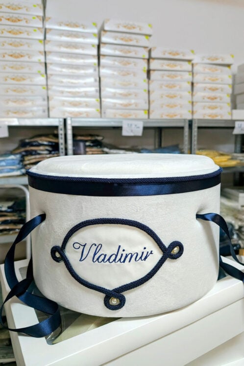 Cufăr buretat din catifea pufoasă - bleumarin - imagine 2