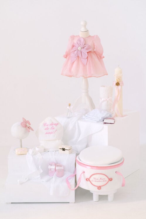 Set complet botez (trusou) - Fleur - roz (mânecă lungă)