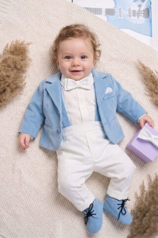 Costum De Botez Bleu Catifea Cu Bretele Anghel Edit Mare