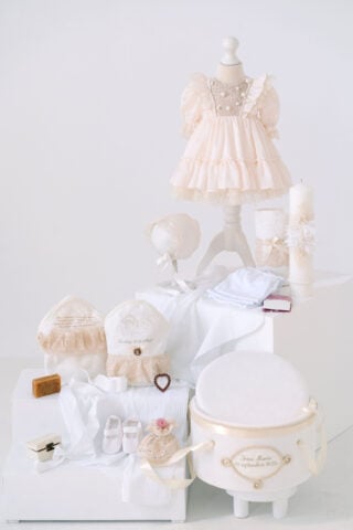 Set complet botez (trusou) - Rază de Borangic - grej (mânecă lungă)