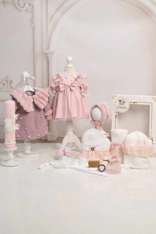 Set botez Celeste și palton Anne + Trusou + Lumânare - roz