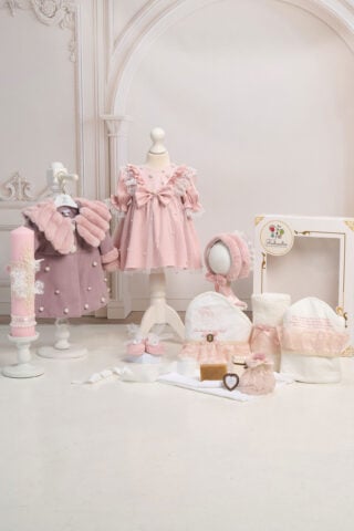Set botez Celeste și palton Anne + Trusou + Lumânare - roz