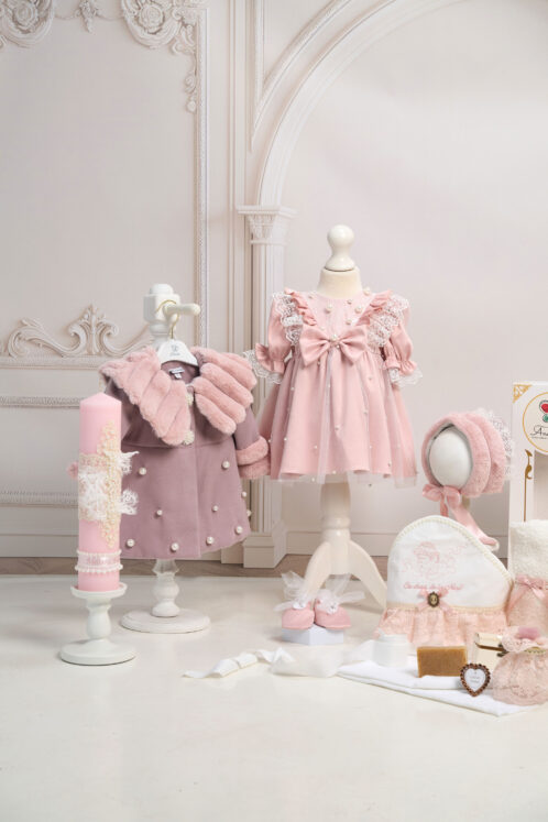 Set botez Celeste și palton Anne + Trusou + Lumânare - roz - imagine 2