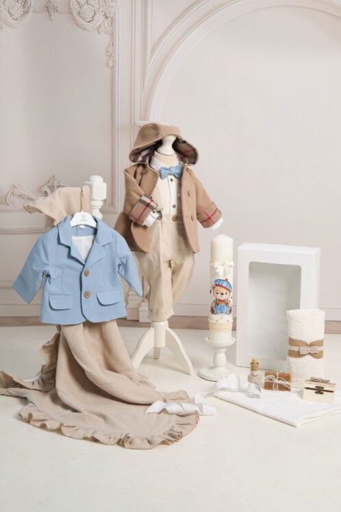 Set botez Theo + Jachetă Sand + Trusou + Lumânare
