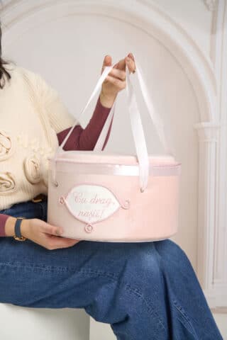 Cufăr botez COLOR buretat din catifea pufoasă - roz