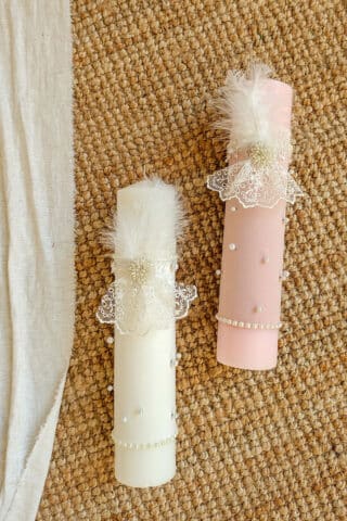 Lumânare botez A37 – Perle, Jabou și Pene - Ivoire