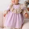 Rochie Dantela Bunicii Crem Cu Perle Lila