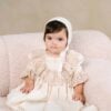 Rochie Dantela Bunicii Crem Cu Perle Muselina Triplu Strat