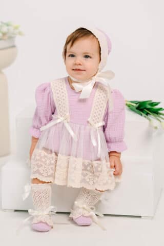 Salopetă bebe Tip Rochiță din Muselină în 3 Straturi cu Tull și Dantelă - 3 piese - lila