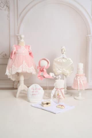 Set botez esențial Caroline roz + Trusou + Lumânare