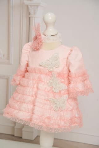 Rochiță botez cu buline și Fluturi - roz
