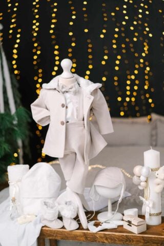 Set De Botez Baieti Stofa Jacheta Blana Mihail Ivoire Andreeatex