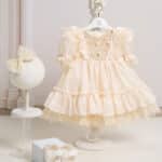 Rochiță botez „Rază de Borangic” - roz (mânecă scurtă)