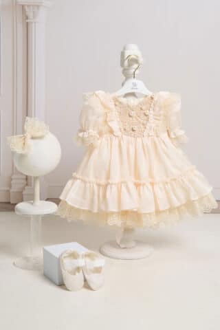 Rochiță botez „Rază de Borangic” - roz (mânecă scurtă)