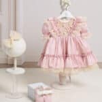 Rochiță botez Rază de Borangic - roz pudră (mânecă scurtă)