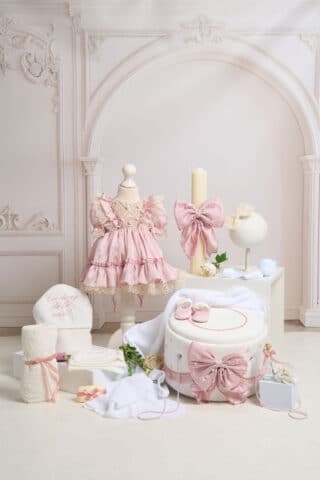 Set complet botez (trusou) - Borangic - roz (mânecă scurtă)