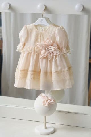 Rochiță botez Blossom cu floare manufacturată manual