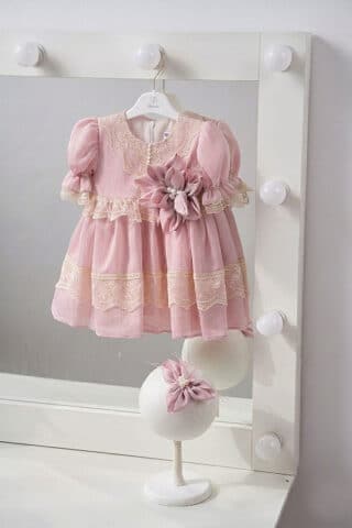 Rochiță botez Blossom - roz-vintage (mânecă scurtă)