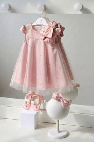 Rochiță botez Olivia - roz (mânecă scurtă)