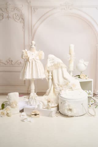 Set complet botez (trusou) - Celeste - ivoire (mânecă scurtă)