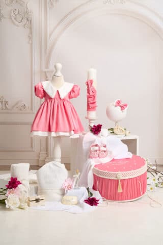 Set complet botez (trusou) - Valerie - coral (mânecă scurtă)