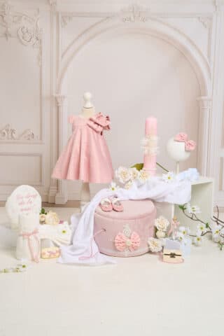 Set complet botez (trusou) - Olivia - roz-vintage (mânecă scurtă)