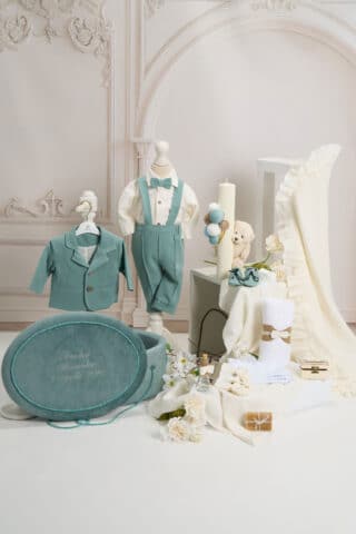 Set complet botez (trusou) - Costum Gruia - mentă - Cufăr Oval