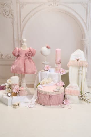 Set complet botez (trusou) - Kate - roz-vintage (mânecă scurtă)