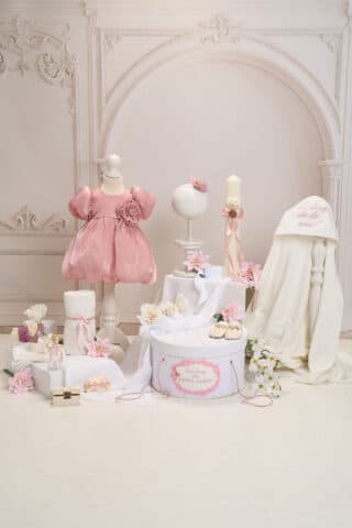 Set complet botez (trusou) - Kate - roz-vintage (mânecă scurtă) - Varianta 2