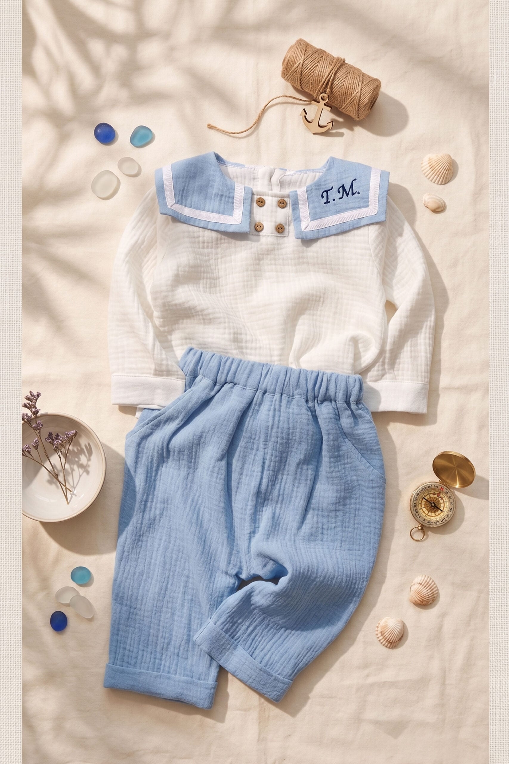 Costum botez din muselină - Milo - bleu 1 Costum De Botez Muselina Milo