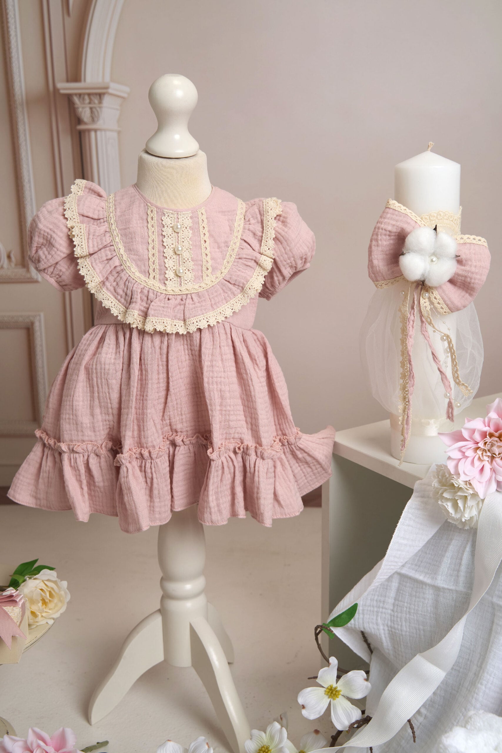 Set complet botez (trusou) - Ludmila - roz (mânecă scurtă) 7 Set complet botez (trusou) - Ludmila - roz (mânecă scurtă) - imagine 7