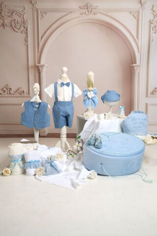 Set complet botez (trusou) - Costum Amos - bleu - Cufăr Oval