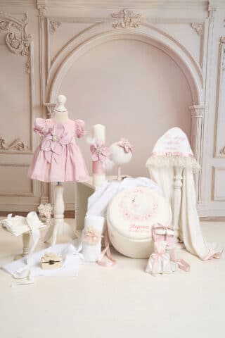 Set complet botez (trusou) - Fleur - roz-vintage (mânecă scurtă)